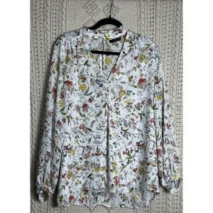 Renuar Women's White Floral‎ Lined V-Neck Collared Blouse Women's Size Large